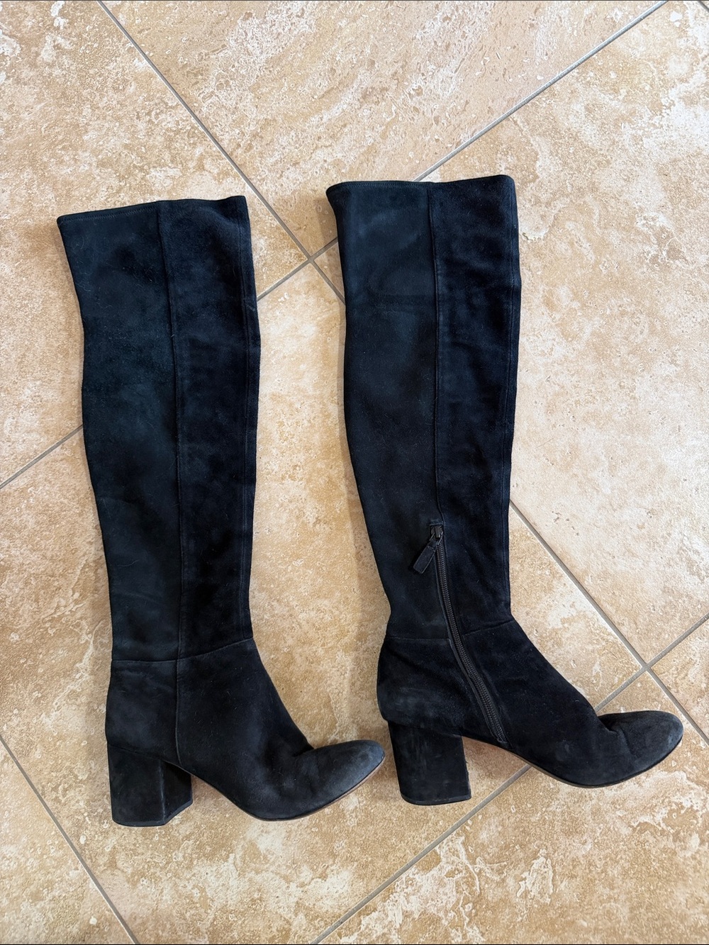 Black Suede Knee-High Block Heel Boots